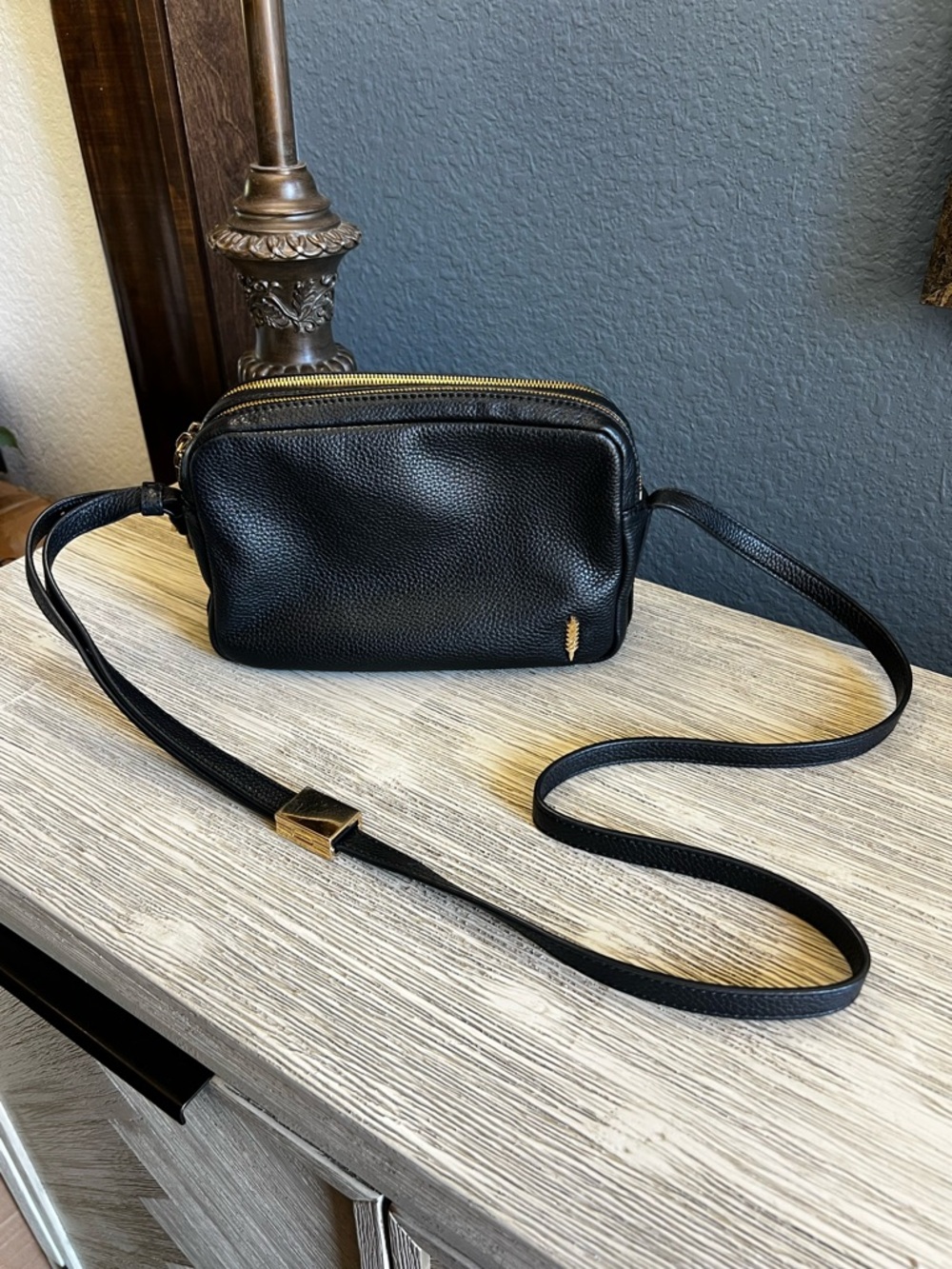 Thacker Shay Black Pebbled Leather Camera Crossbody with Gold Accents